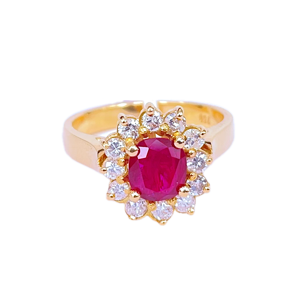 18K Yellow Gold Ring with 1ct Thai Ruby & Diamond Halo