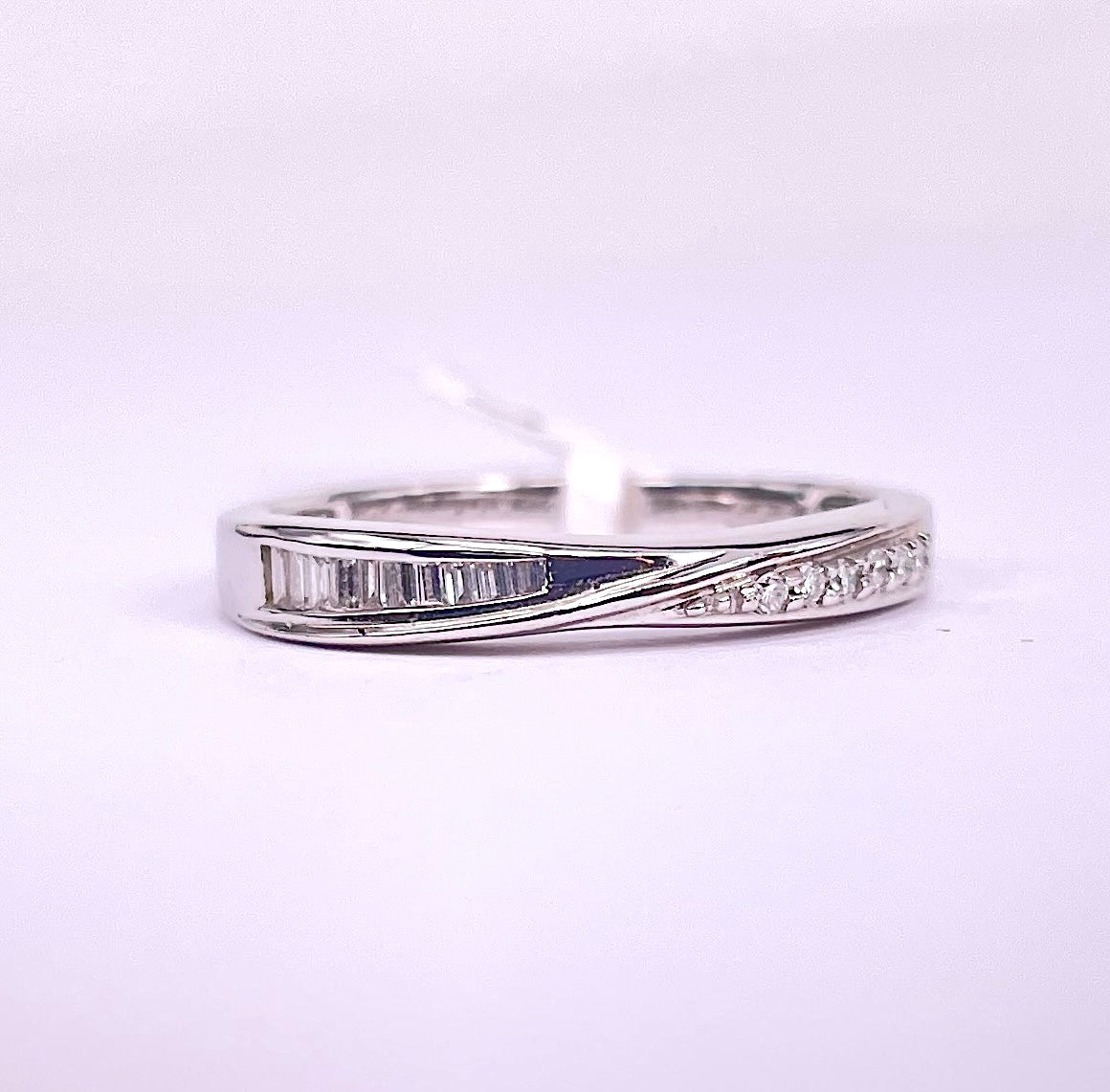 18K White Gold Wedding Band with Channel Set Baguette & Pave Set Round Brilliant Cut Diamonds