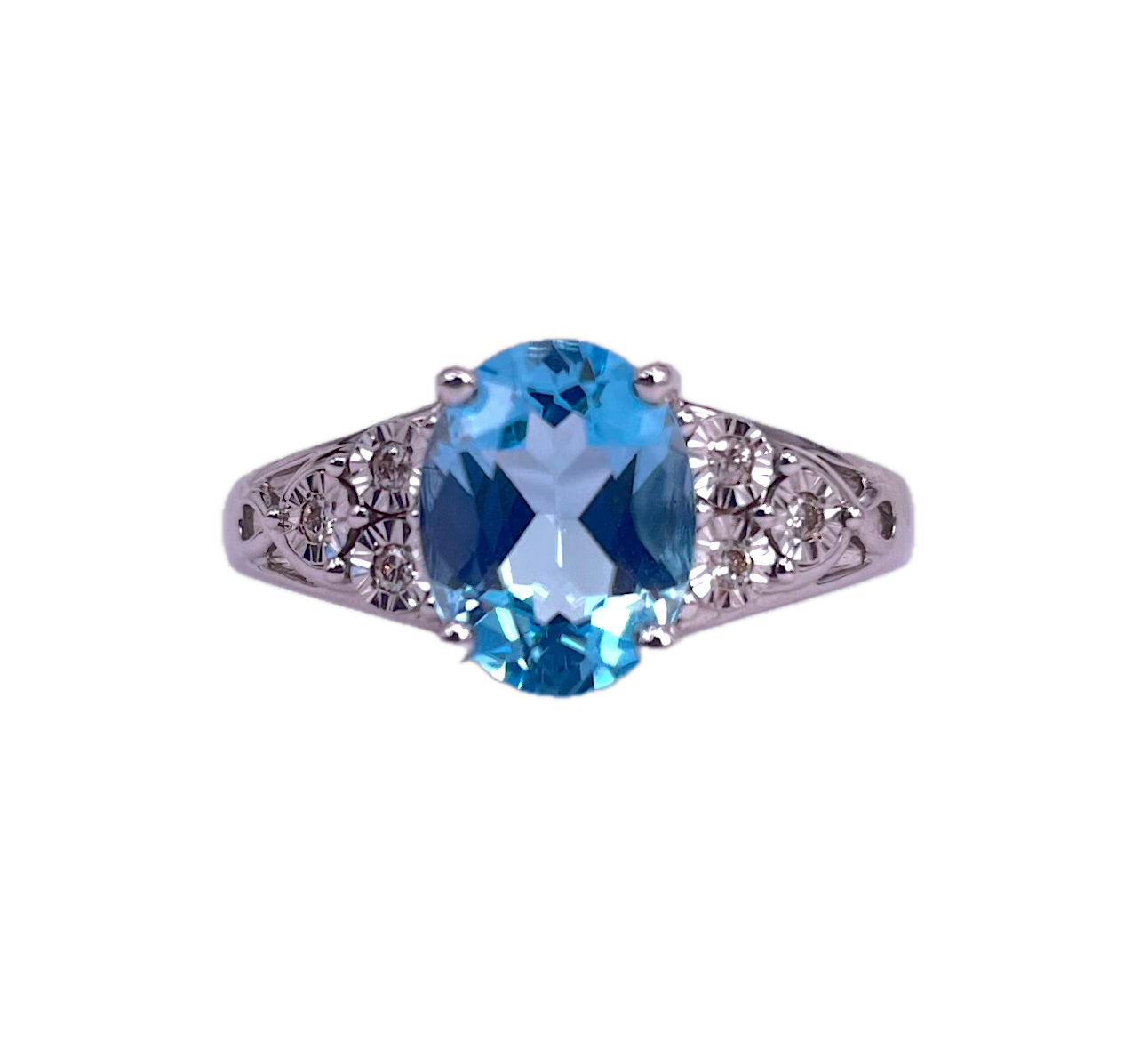 9K White Gold Ring with Oval Blue Topaz & Diamond Accents