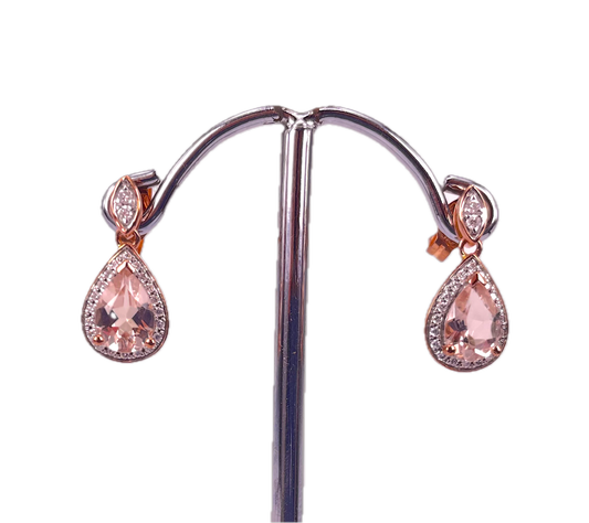9K Rose Gold Morganite and Diamond Drop Earrings