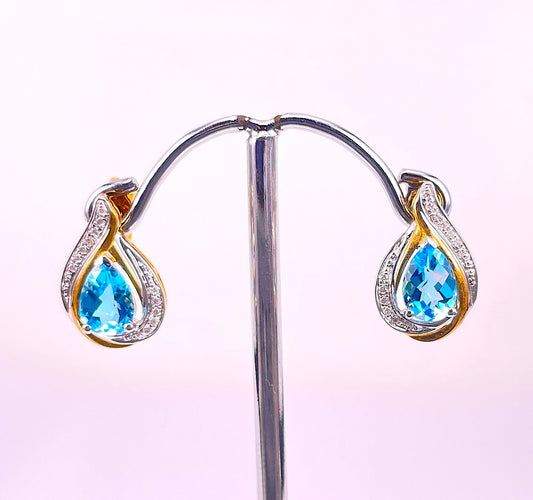9K Yellow Gold Blue Topaz and Diamond Stud Earrings