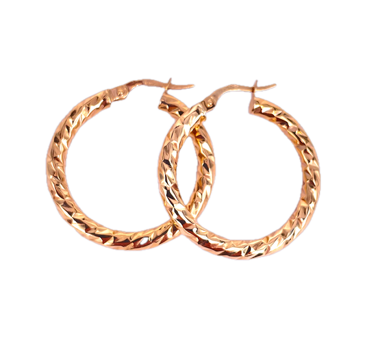 9K Yellow Gold Full Round Diamond-Cut Hoop Earrings