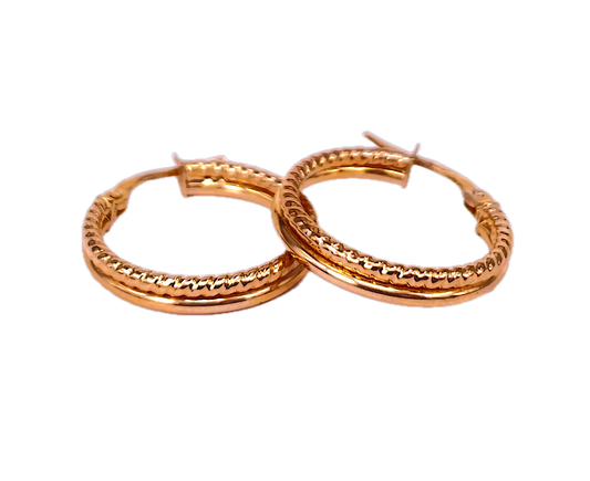9K Yellow Gold Connected Double Hoop Earrings with Polished and Twisted Design