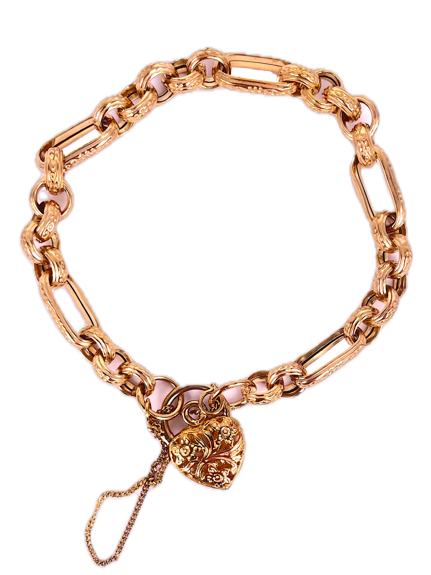 9K Yellow Gold Belcher Figaro Heart Locket Bracelet with Filigree Design and Curb Link Safety Chain