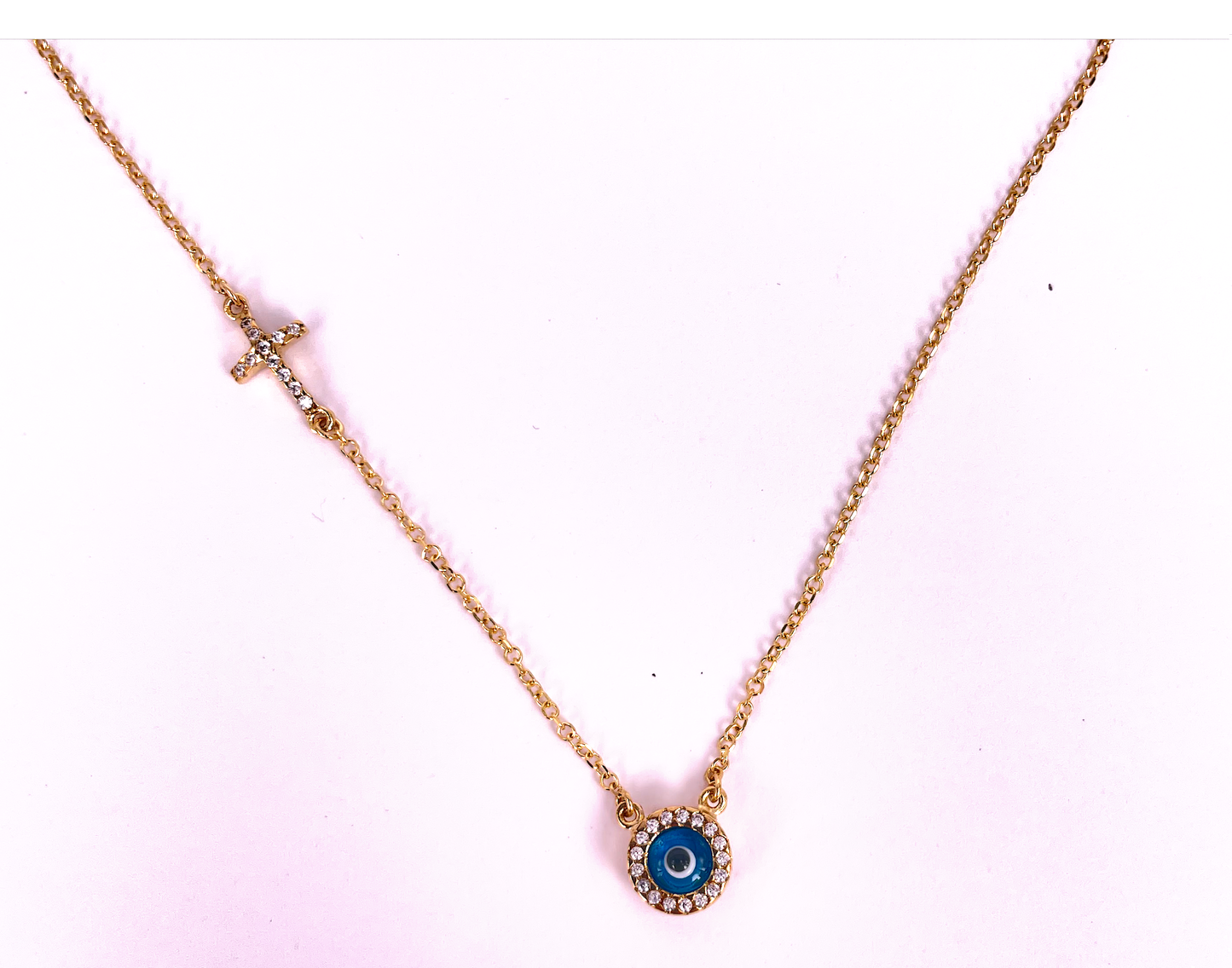 9K Yellow Gold Eye and Cross Necklace with AAA Grade Cubic Zirconia