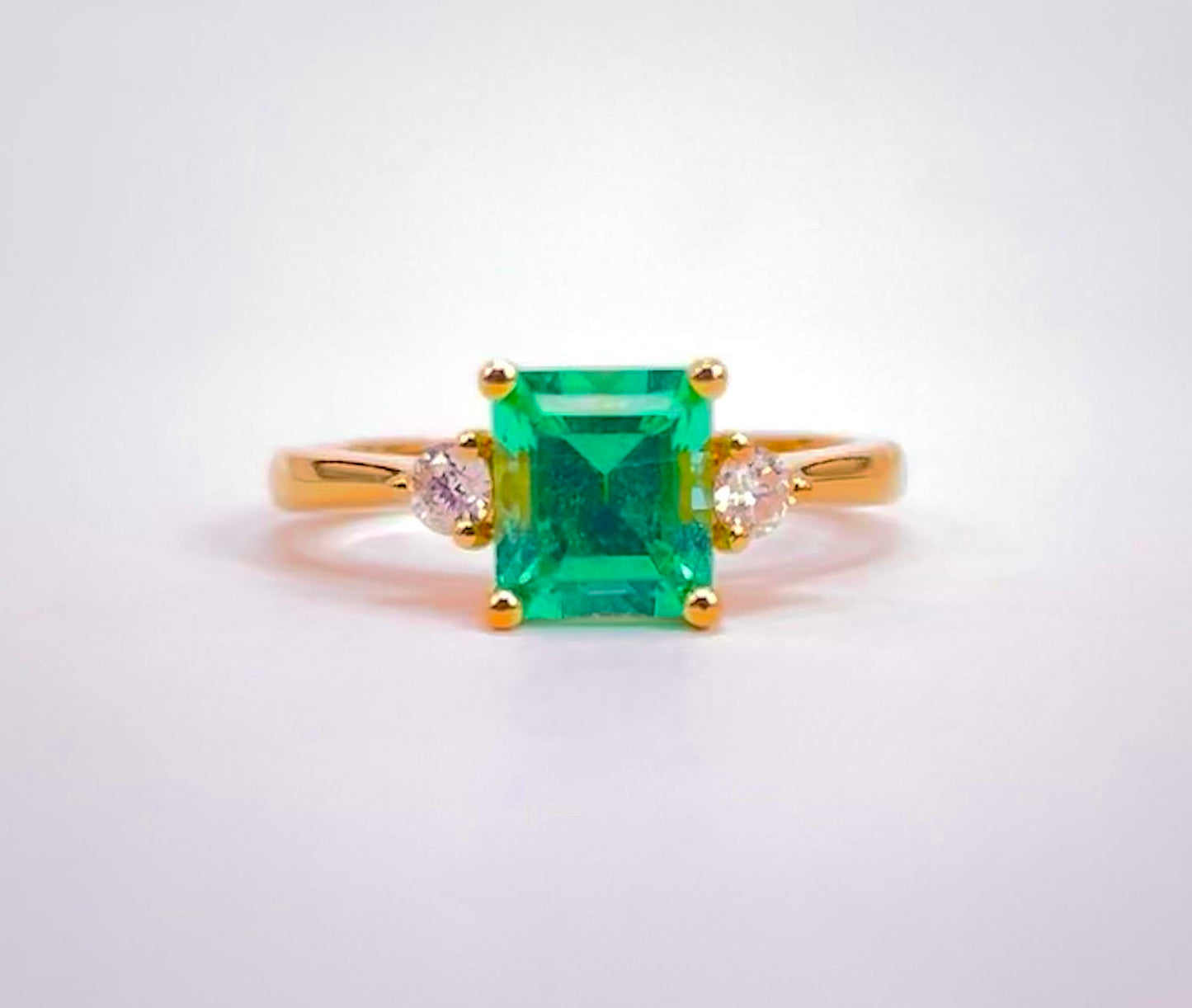 18K Yellow Gold Ring with Emerald-Cut Russian Emerald & Diamonds