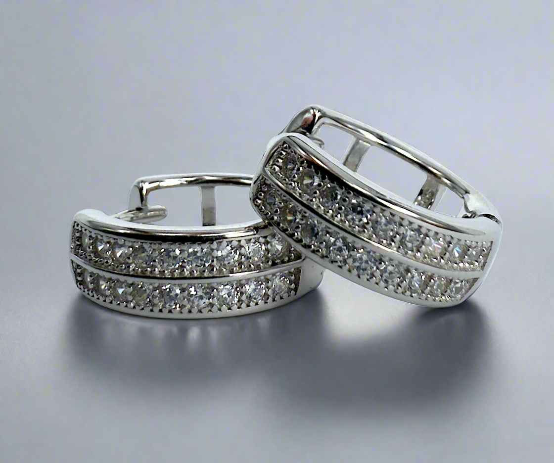 Sterling Silver Huggies with Double Row AAA Grade Cubic Zirconia