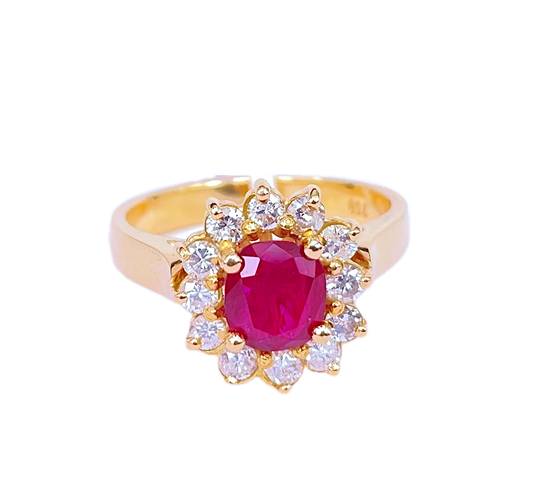 18K Yellow Gold Ring with 1ct Thai Ruby & Diamond Halo