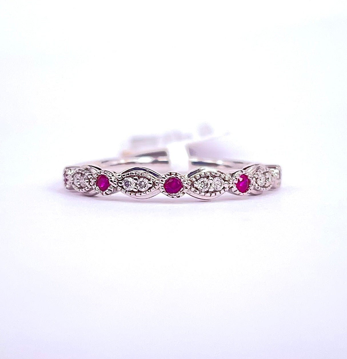 10K White Gold Ring with Round Brilliant Rubies & Diamonds