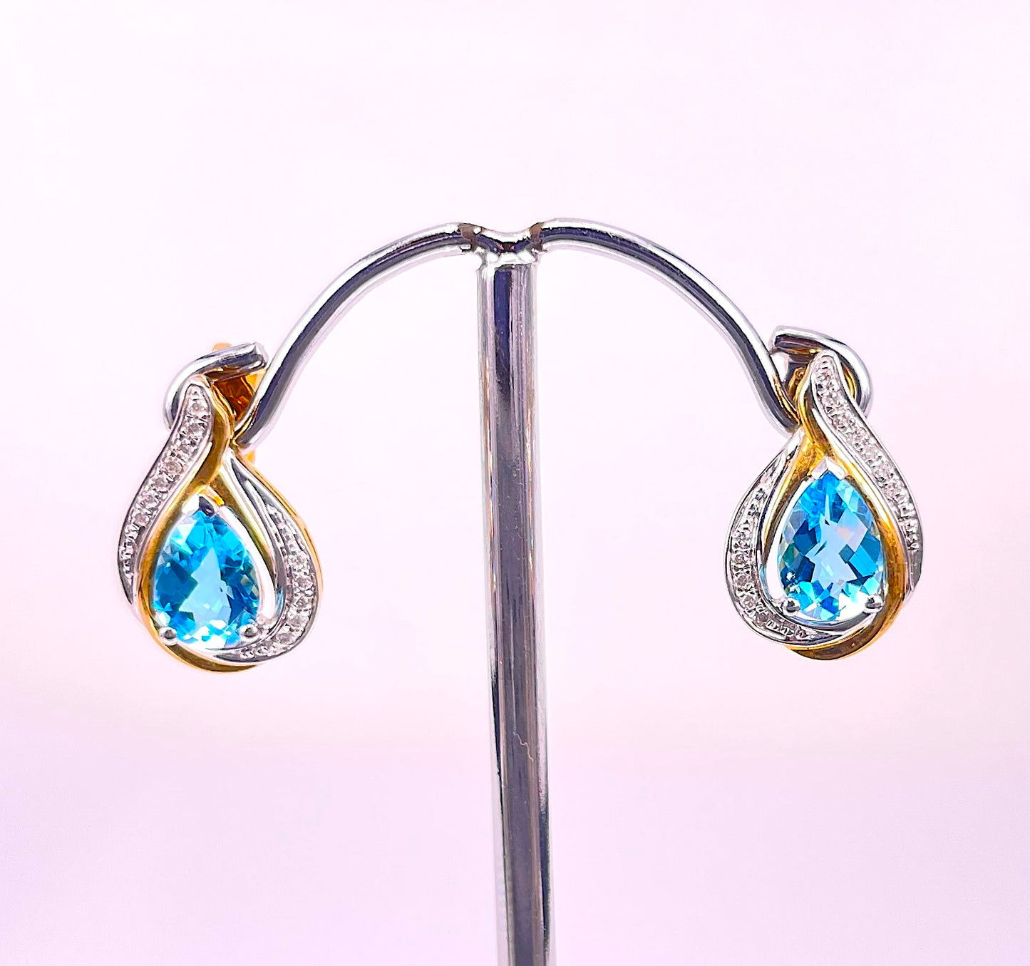 9K Yellow Gold Blue Topaz and Diamond Stud Earrings