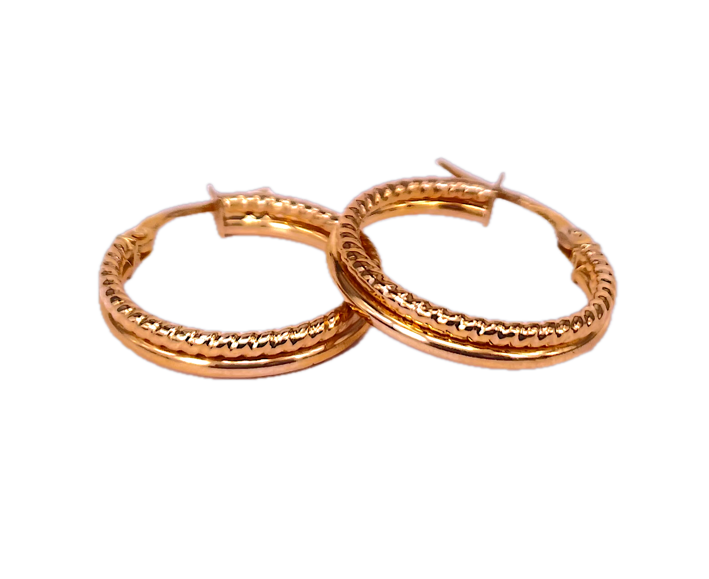 9K Yellow Gold Connected Double Hoop Earrings with Polished and Twisted Design