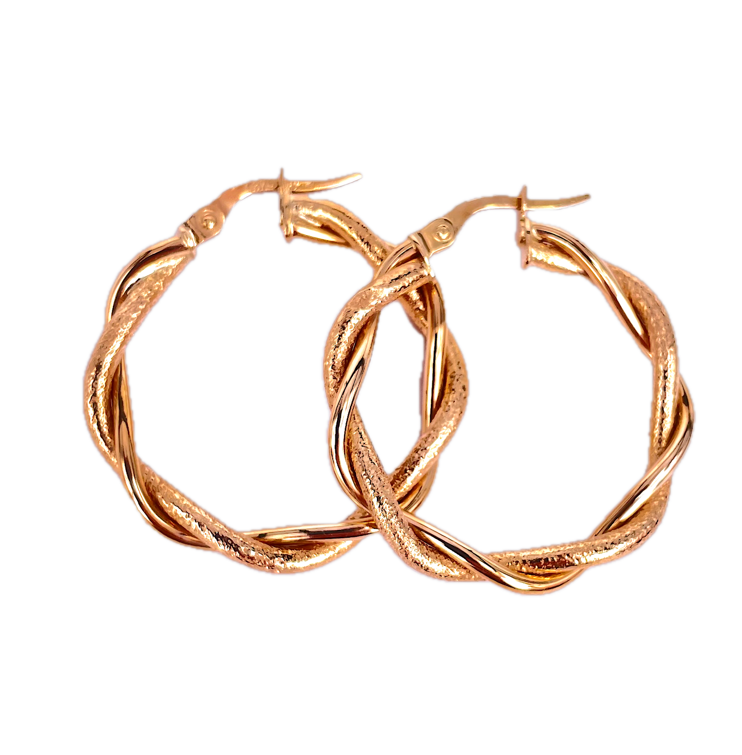 9K Yellow Gold Twisted Hoop Earrings with Polished and Rough Finish