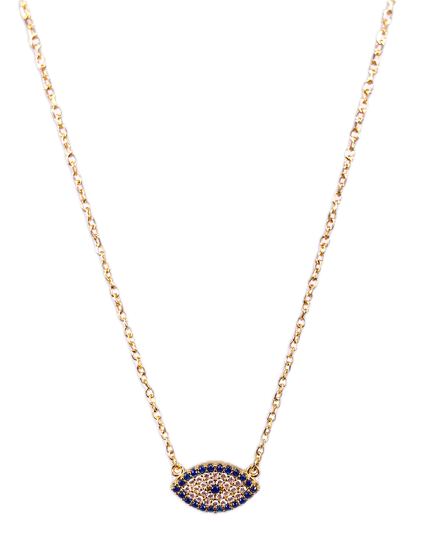 9K Yellow Gold Eye Necklace with Blue and White Cubic Zirconia