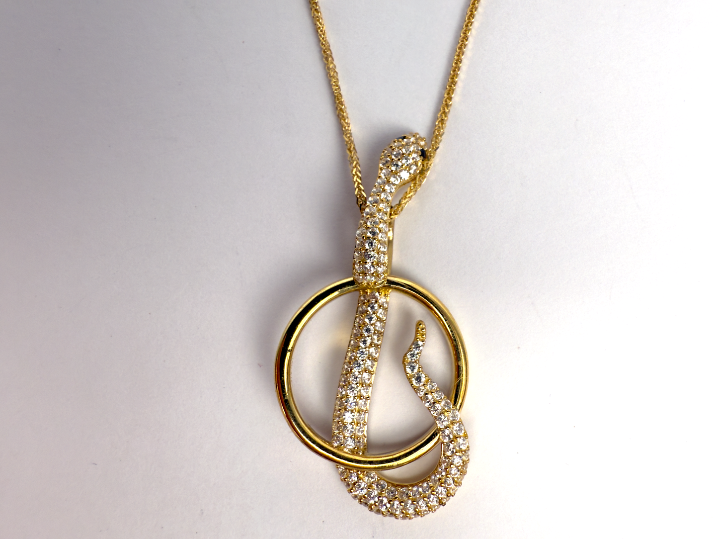 9K Yellow Gold Snake Pendant Necklace with AAA Grade Black and White Cubic Zirconia