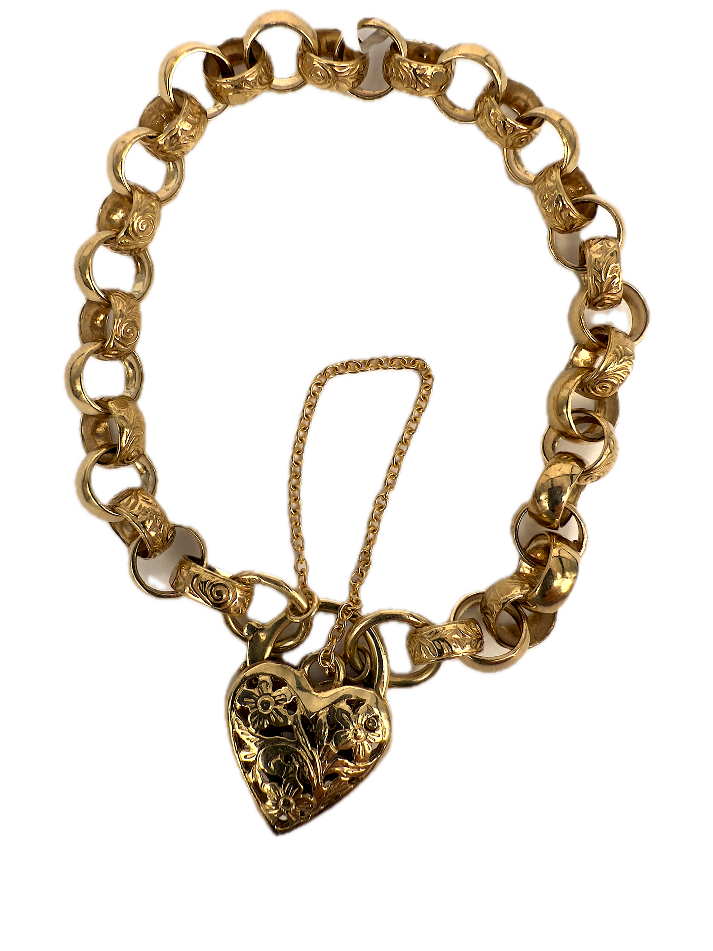 9K Yellow Gold Belcher Heart Locket Bracelet with Solid Filigree and Polished Links