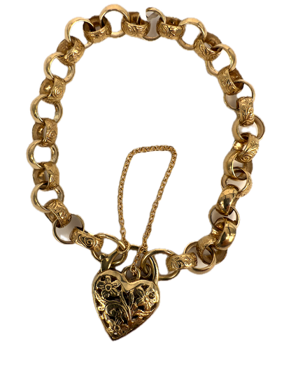 9K Yellow Gold Belcher Heart Locket Bracelet with Solid Filigree and Polished Links