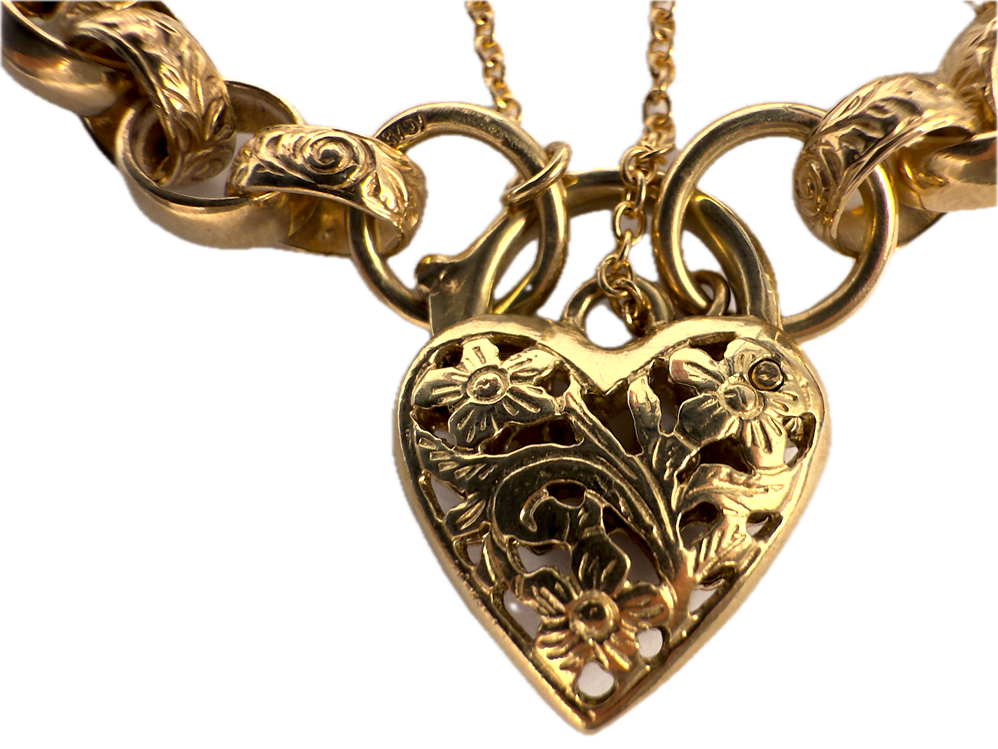 9K Yellow Gold Belcher Heart Locket Bracelet with Solid Filigree and Polished Links