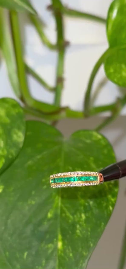 18K Yellow Gold Triple-Row Ring with Diamonds & Zambian Emeralds