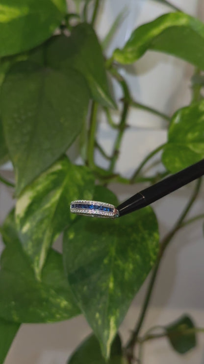 18K White Gold Triple Row Sapphire and Diamond Ring